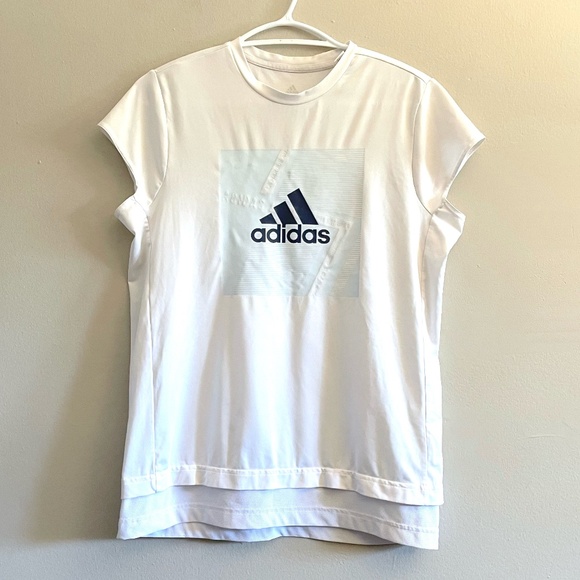 Adidas White & Blue Cap Sleeve Moisture Wicking Athletic Tee Shirt - Picture 1 of 7